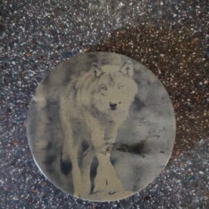 www.creopop.co.uk real slate round coaster with laser engraved wolf on the top image