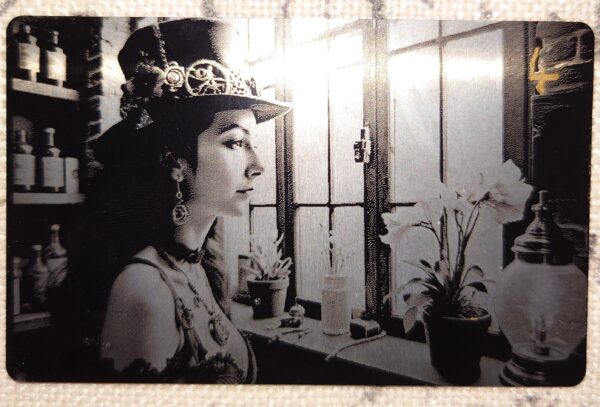 steampunk imagery on a black aluminum business card image