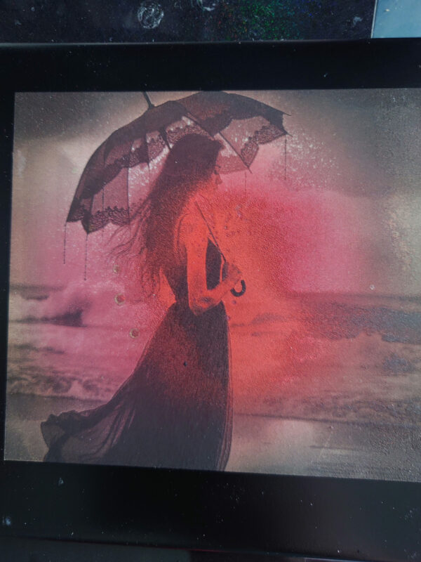 creopop dot co dot uk, sunset and woman on a beach engraved on a tile image