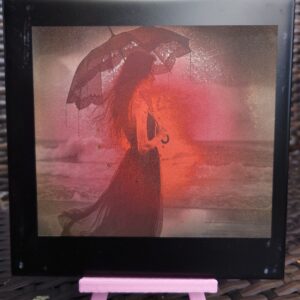 creopop dot co dot uk, sunset and woman on a beach engraved on a tile image