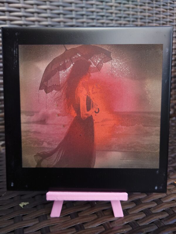 creopop dot co dot uk, sunset and woman on a beach engraved on a tile image