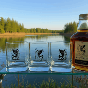 creopop dot co dot uk product of three square whiskey glasses, laser engraved with carp fish designs image