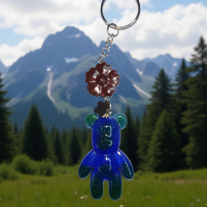 Resin Keychain Opaque Blue & Green Teddy Bear