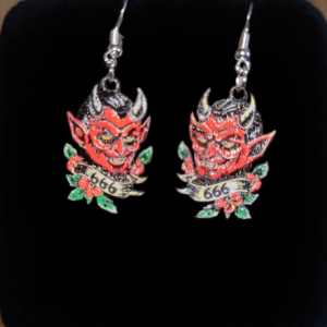 Devils design of old style tattoo wooden earrings, from www.creopop.co.uk image