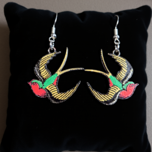 Swallows design of old style tattoo wooden earrings, from www.creopop.co.uk image
