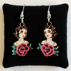 Ladies design of old style tattoo wooden earrings, from www.creopop.co.uk image
