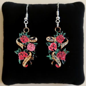 Scrolls design of old style tattoo wooden earrings, from www.creopop.co.uk image