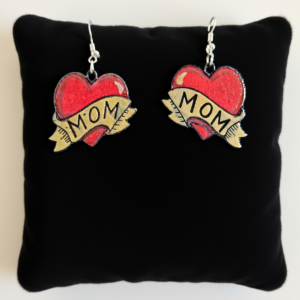 Mom Heart design of old style tattoo wooden earrings, from www.creopop.co.uk image